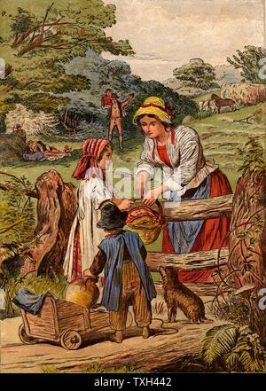 Summer: Children with a little cart bringing food and drink to their parents who are Haymaking. Chomolithograph c1870. Stock Photo