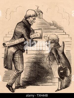 Henry Peter Brougham, Baron Brougham and Vaux (1778-1868). Scottish-born lawyer and politician. Defended Queen Caroline at her trial (1820) . Worked for the establishment of London University, the first Mechanics' Institute, and the Society for the Diffusion of Useful Knowledge, and was a founder of the Social Science Association (1857). In Parliament he assisted in carrying the Reform Bill and introduced legal reforms. The Temple of Fame: Mr  Punch welcoming Lord Brougham who is on his way to make a speech promoting Social Science.  Cartoon from 'Punch' (London, 23 October 1858). Stock Photo
