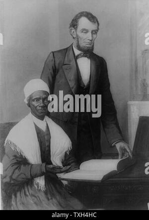 President Lincoln at the White House in 1861 with Sojourner Truth, African American abolitionist and champion of women's rights. Born into slavery as Isabella Baumfree (1797-1883) she escaped to freedom in 1826. Changed her name in 1843. Stock Photo