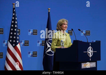 Brussels, Belgium. 25th June, 2019. U.S. Permanent Representative to NATO, Kay Bailey Hutchison gives a press conference ahead of the Nato Foreign ministers meeting at NATO headquarters. Credit: ALEXANDROS MICHAILIDIS/Alamy Live News Stock Photo