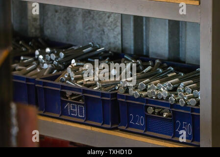 Blue plastic tray for sorting metal bolts in warehouse. Stock Photo