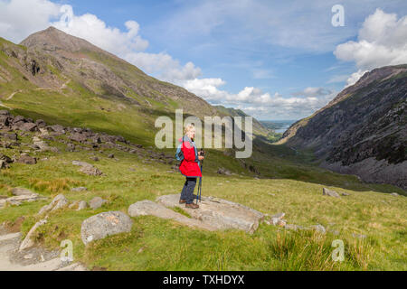 Looking down Llanberis Pass from the Pyg Track with Crib Goch beyond, after leaving Pen Y Pass car park, Snowdonia National Park, Gwynedd, Wales, UK Stock Photo
