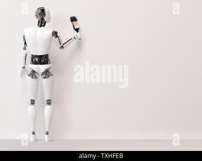 3D rendering of a male robot holding a big paint brush with black paint, ready to start writing your message on the blank wall. Light gray background Stock Photo