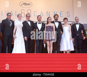 Elizabeth Debicki, David Thewlis,Michael Fassbender,Marion Cotillard, Director Justin Kurzel, Actress Essie Davis and Producer Iain Canning  arrives on the steps of the Palais des Festivals before the screening of the film 'Macbeth' during the 68th annual Cannes International Film Festival in Cannes, France on May 23, 2015.  Photo by David Silpa/UPI.. Stock Photo