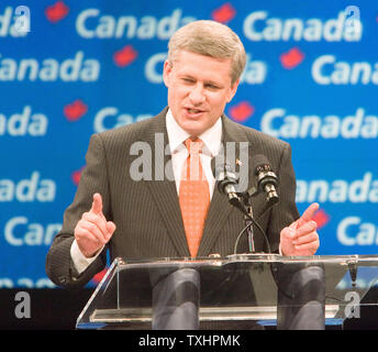 Federal Conservative Leader Stephen Harper speaks after winning his second minority government at his election night headquarters at the Telus Convention Center in Calgary, Alberta, October 14, 2008.    (UPI Photo/Heinz Ruckemann) Stock Photo