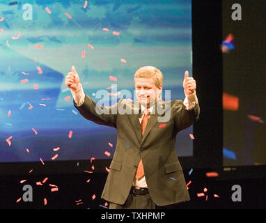 Federal Conservative Leader Stephen Harper celebrates after winning his second minority government at his election night headquarters at the Telus Convention Center in Calgary, Alberta, October 14, 2008.    (UPI Photo/Heinz Ruckemann) Stock Photo