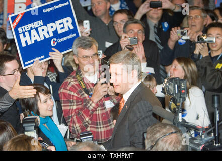 Federal Conservative Leader Stephen Harper arrives to celebrate his second minority government  with supporters at his election night headquarters at the Telus Convention Center in Calgary, Alberta, October 14, 2008.    (UPI Photo/Heinz Ruckemann) Stock Photo