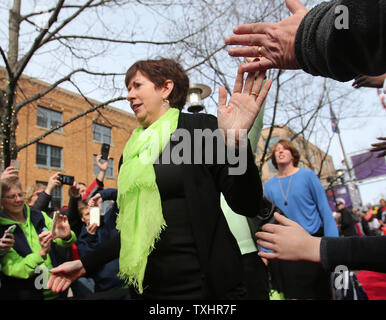 Notre Dame head coach Muffet McGraw walks down the read carpet to enter the arena for the Women's D1 Final Four championship basketball game on April 1, 2018 in Columbus, Ohio. Photo by Aaron Josefczyk/UPI Stock Photo