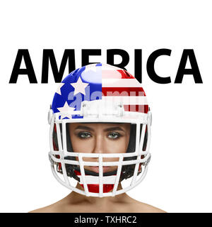 Celebrating an Independence day. Stars and Stripes, flag of United States of America on a helmet on the woman's head. Modern design. Contemporary art. Creative conceptual and colorful collage. Stock Photo