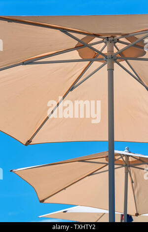 Bottom view open beige beach umbrellas against a blue sky Stock Photo