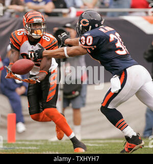 Cincinnati Bengals receiver Chad Johnson (85) catches a touchdown pass as  Chicago Bears' safety Mike Brown