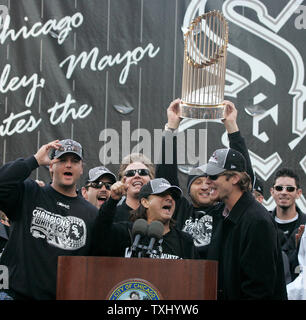 This file photo shows Chicago White Sox' Aaron Rowand hitting a home run on  June 1, 2005 in Chi …