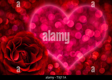 Red rose on bokeh background with pink shape of heart, valentine day and love concept. Stock Photo