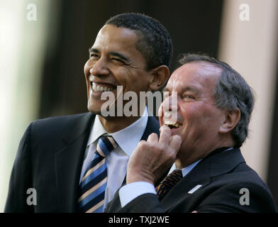 U.S. Senator and Democratic presidential candidate Barack Obama (D-Ill.), left, and Chicago Mayor Richard M. Daley watch a video highlighting Olympic venues at a rally celebrating Chicago's selection as the U.S. candidate to host the 2016 Summer Games in Chicago on April 16, 2007. (UPI Photo/Brian Kersey) Stock Photo