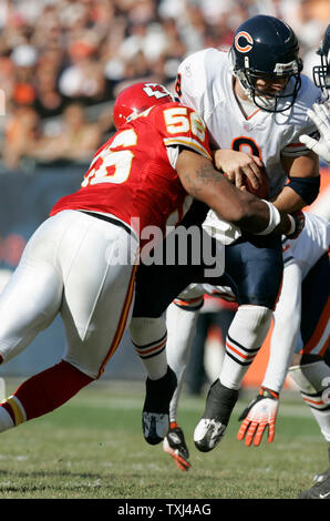 Kansas City Chiefs linebacker Derrick Johnson (56) sacks Chicago Bears quarterback Rex Grossman (8) for a seven yard loss in the second quarter at Soldier Field in Chicago on September 16, 2007. (UPI Photo/Mark Cowan) Stock Photo