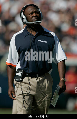 Chicago Bears head coach Lovie Smith watches the replay of a first quarter fumble by his team against the Kansas City Chiefs at Soldier Field in Chicago on September 16, 2007. (UPI Photo/Mark Cowan) Stock Photo