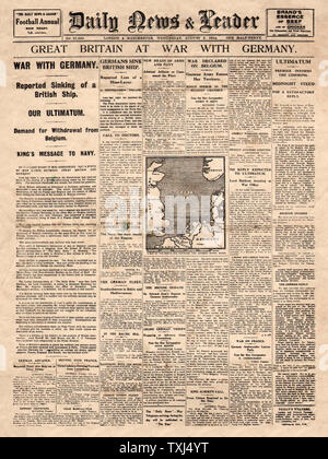 1914 Daily News & Leader front page War declared on Germany by Britain and France