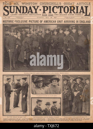 1917 Sunday Pictorial front page reporting US troops arrive in England Stock Photo