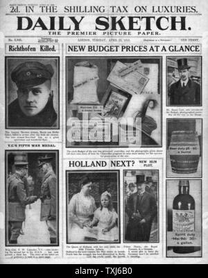 1918 Daily Sketch front page reporting Death of Manfred von Richthofen Stock Photo