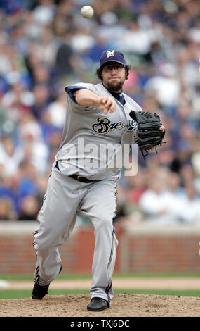 Milwaukee Brewers relief pitcher Eric Gagne throws to first to try and get Chicago Cubs base runner Ronny Cedeno out in the ninth inning at Wrigley Field in Chicago on May 1, 2008. The Brewers defeated the Cubs 4-3.(UPI Photo/Mark Cowan) Stock Photo