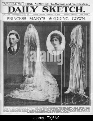 1922 Daily Sketch front page reporting Princess Mary's Bridal Gown Royal Wedding to Viscount Lascelles Stock Photo