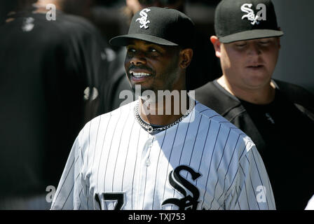 Chicago White Sox player Ken Griffey Jr, runs the bases during batting  practice before a MLB game between the Kansas City Royals and Chicago White  Sox at Kauffman Stadium in Kansas City