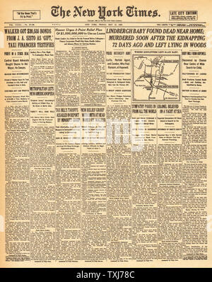1932 New York Times front page reporting Charles Lindbergh Kidnap Baby Found Dead