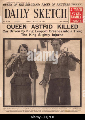 1935 Daily Sketch front page reporting Queen Astrid of Belgium killed in car crash Stock Photo