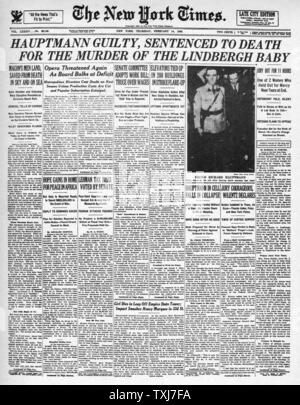 1935 New York Times front page reporting Charles Lindbergh Baby Kidnap Bruno Hauptmann Guilty