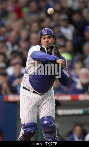 Chicago Cubs catcher Geovany Soto throws out Los Angeles Dodgers baserunner Rafael Furcal on a dropped third strike during the first inning in game 1 of their National League Divisional Series at Wrigley Field in Chicago on October 1, 2008. (UPI Photo/Mark Cowan) Stock Photo