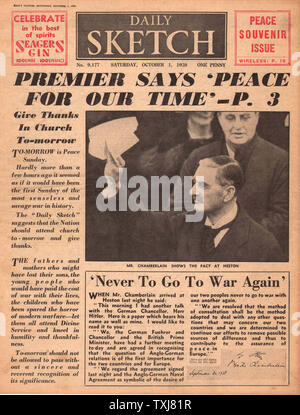 1938 Daily Sketch front page Munich Agreement and Neville Chamberlain Stock Photo