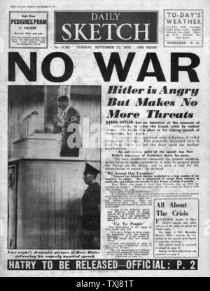 1938 Daily Sketch front page Adolf Hitler speech No War Stock Photo