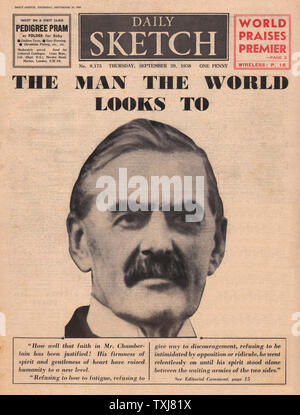 1938 Daily Sketch front page Neville Chamberlain & Munich Crisis Stock Photo