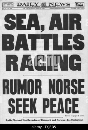 1940 Daily News 3 Star edition Norway invaded Stock Photo