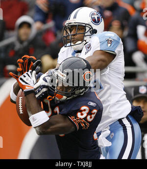 Chicago Bears' Charles Tillman breaks up a touchdown pass to Tampa Bay  Buccaneers' Earl Bennett during the fourth quarter of an NFL football game,  Sunday, Sept. 21, 2008, in Chicago. The Bucs