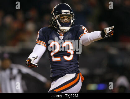 Chicago Bears receiver Devin Hester points to the official after New Orleans Saints cornerback Jason David was caled for pass interference in the end zone during the second quarter at Soldier Field on December 11, 2008. (UPI Photo/Brian Kersey) Stock Photo