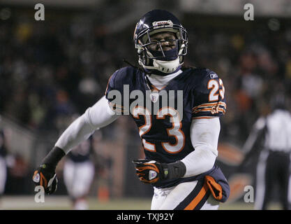 Chicago Bears receiver Devin Hester (23) celebrates after New Orleans Saints safety Roman Harper was called for pass interference during overtime at Soldier Field on December 11, 2008. The Bears won 27-24 in overtime. (UPI Photo/Brian Kersey) Stock Photo