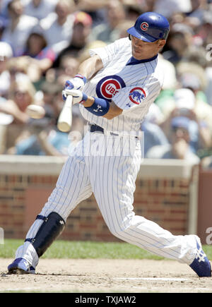 Chicago Cubs center fielder Kosuke Fukudome hits a double against the Cleveland Indians in the sixth inning at Wrigley Field in Chicago on June 20, 2009. (UPI Photo/Mark Cowan) Stock Photo