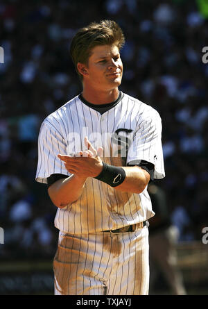 Chicago White Sox's Gordon Beckham stands on the field after the fifth inning against the Chicago Cubs at U. S. Cellular Field in Chicago on June 26, 2009. The Cubs won 5-4. (UPI Photo/Brian Kersey) Stock Photo