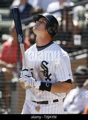 Chicago White Sox's Gordon Beckham waits to bat during the seventh inning against the Chicago Cubs at U. S. Cellular Field in Chicago on June 26, 2009. The Cubs won 5-4. (UPI Photo/Brian Kersey) Stock Photo