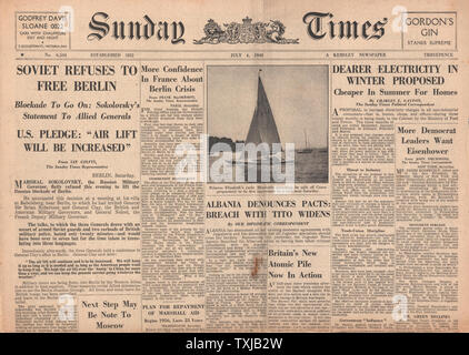 1948 Sunday Times newspaper front page Berlin Airlift Stock Photo