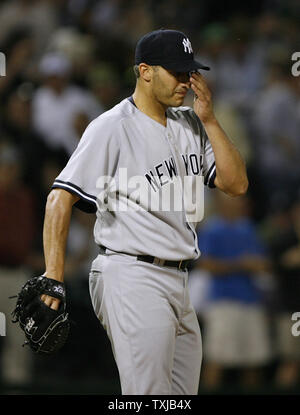 New York Yankees starting pitcher Andy Pettitte reacts after giving up an RBI double to Chicago White Sox's Gordon Beckham scoring Chris Getz during the third inning at U. S. Cellular Field in Chicago on July 30, 2009.     UPI/Brian Kersey Stock Photo