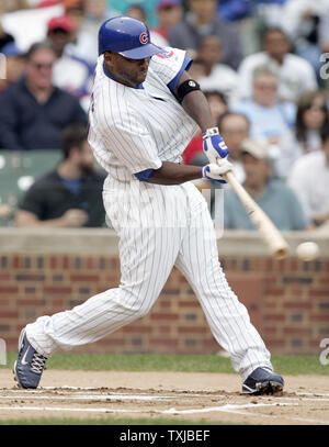 Chicago Cubs right fielder Milton Bradley hits a double off of New York Mets starting pitcher Pat Misch in the first inning at Wrigley Field in Chicago on August 28, 2009. UPI /Mark Cowan Stock Photo