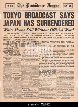 1945 Providence Journal newspaper front page Japan surrenders and VJ Day Stock Photo