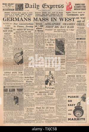 1942 front page  Daily Express German Forces mass in the West and Japanese airforce bomb Singapore Stock Photo