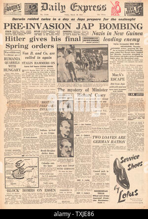 1942 front page  Daily Express Japanese Airforce bomb Darwin and Port Moresby Stock Photo