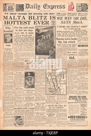 1942 front page  Daily Express Luftwaffe Aircraft Bomb Malta and MacArthur says 'We win or Die' Stock Photo