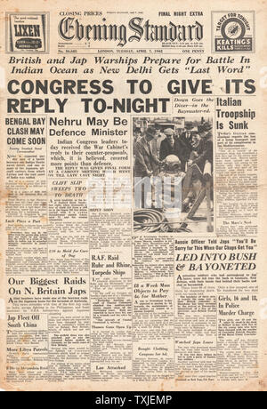 1942 front page Evening Standard First Japanese Air Raid on India Stock Photo