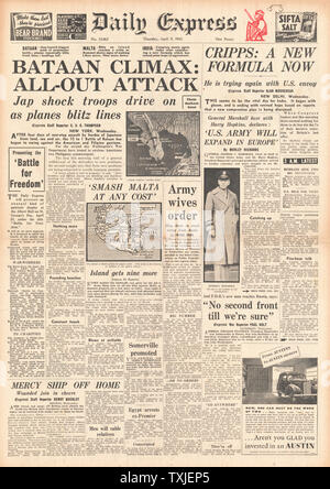 1942 front page  Daily Express Battle for Bataan, Diplomatic Talks in India and Luftwaffe Bomb Malta Stock Photo
