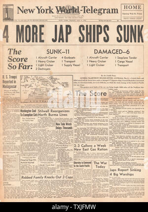 1942 front page  New York World Telegram Heavy Japanese losses at the Battle of the Coral Sea Stock Photo